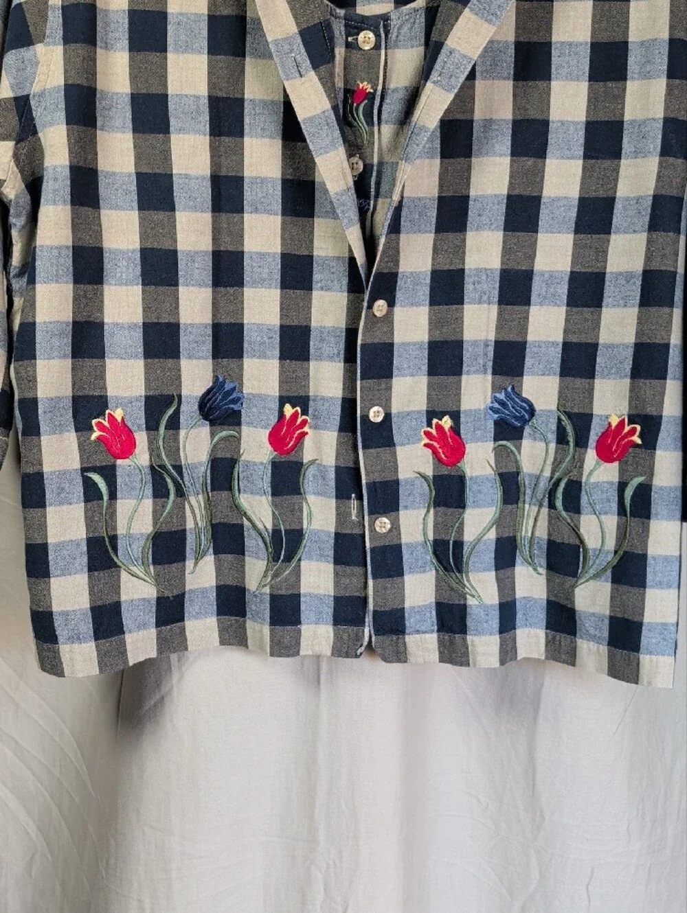 Embroidered Blue & White Gingham Button Shirt Set Grannycore Leisure Wear